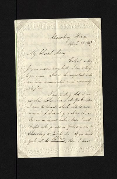 Illustrated writing paper.
Fine embossed floral design around border. Double sheet, embossed on front side only. 
Three and a half sides are filled with writing beginning 'Maesbury House April 26 1847/ My beloved Mary...' and ends 'Yours alone, Robert Abbott.../ P.S....R.A.'